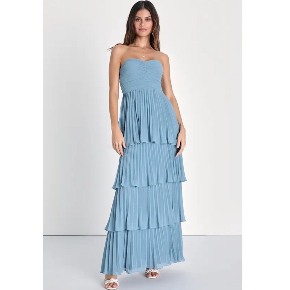 Lulus Seriously Sensational Light Blue Strapless Tiered Pleated Maxi Dress XXS